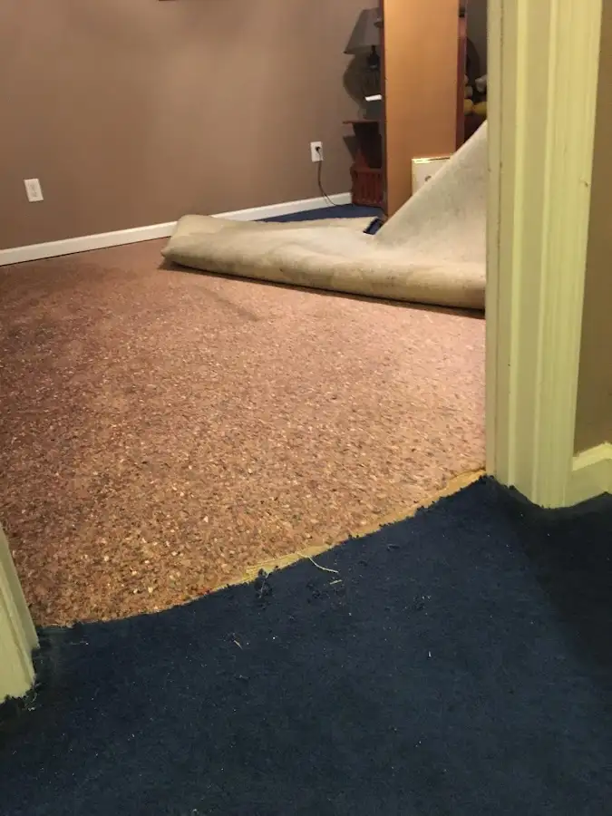 Carpet pad removal revealing water damage during Drying & Dehumidification in Vestal